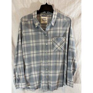 Bluenotes Women's Large Lt Blue Plaid Long Sleeve Boyfriend Fit Blouse